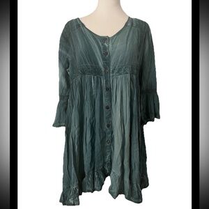 Back In The Saddle Teal Tie Dye Wash Western Country Dress Button Up Medium